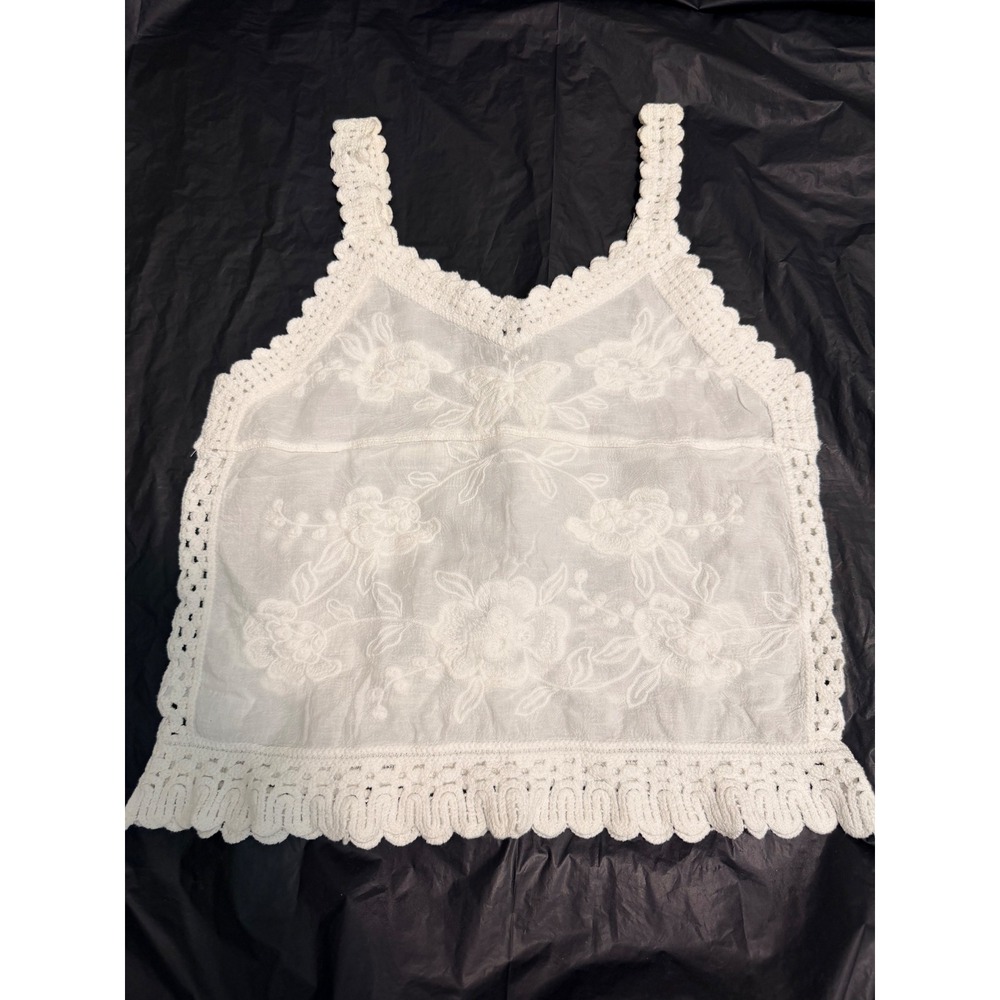 Natura Portugal White Cotton Floral Embroidered Crochet Trim Camisole Top XS